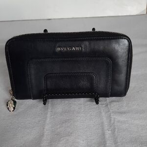 Bulgari Black Leather Zip Wallet With Snake Head